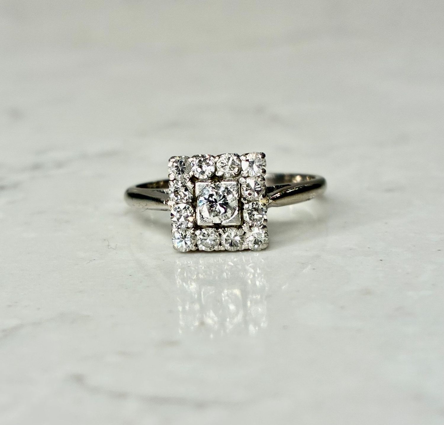 Vintage 18ct white gold diamond square cluster ring