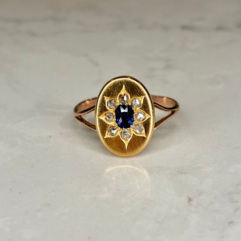 Vintage 9 & 18ct sapphire & diamond star plaque ring