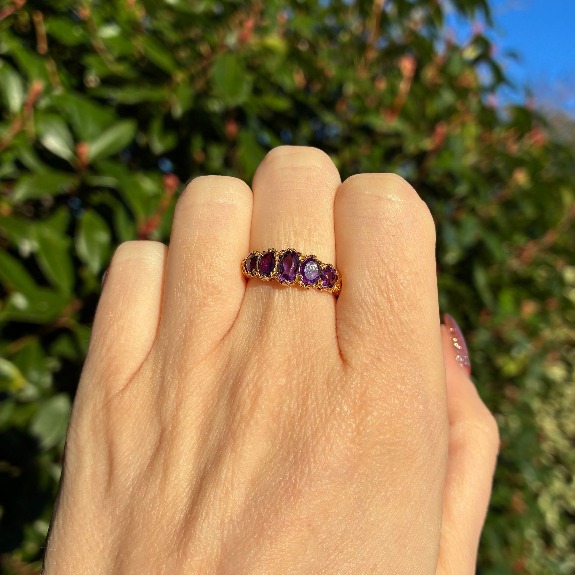 Edwardian 9ct gold five-stone amethyst ring