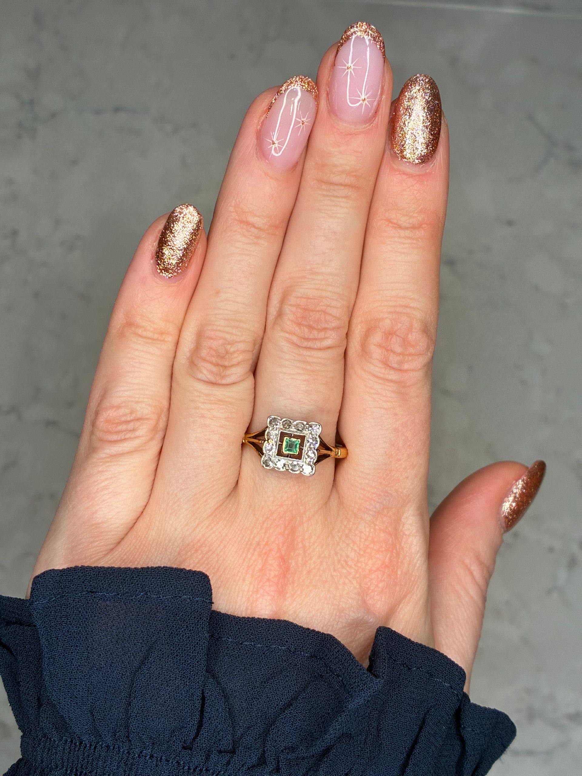 Vintage 18ct gold emerald and diamond square shape ring