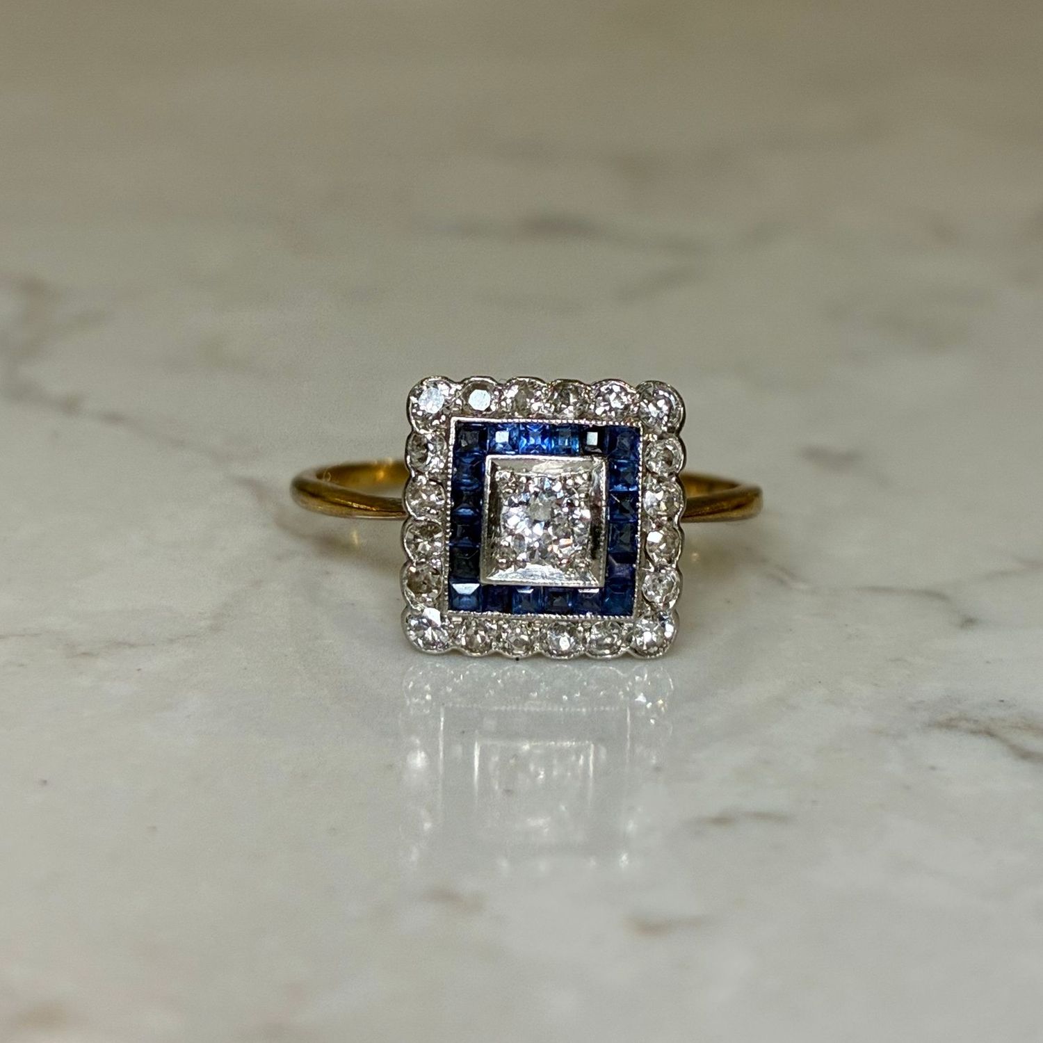 Antique 18ct gold Art Deco square-set diamond and sapphire ring