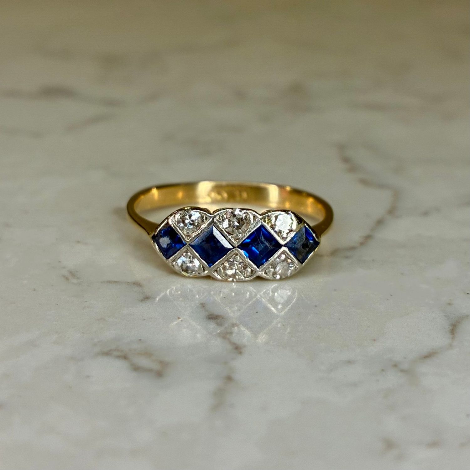 Art Deco 18ct gold geometric sapphire and diamond panel ring