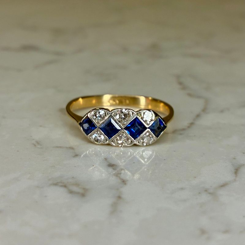 Art Deco 18ct gold geometric sapphire and diamond panel ring