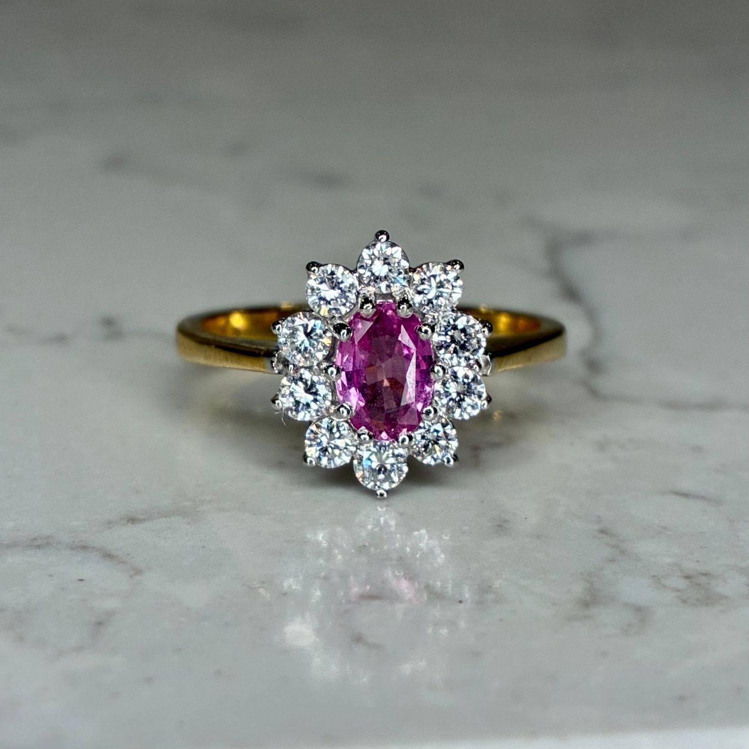 Vintage 18ct yellow gold pink sapphire and diamond cluster ring