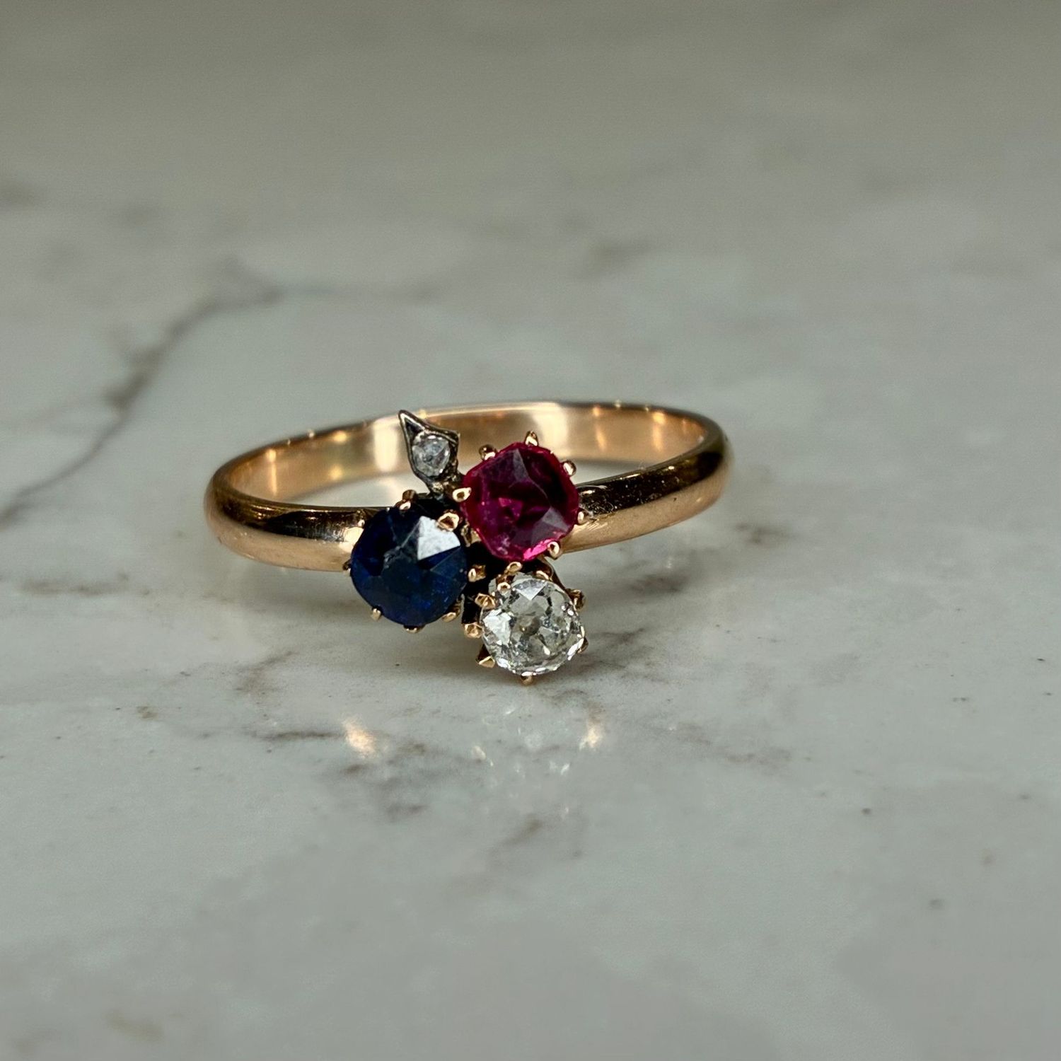 Ruby, sapphire & diamond 9ct rose gold clover ring