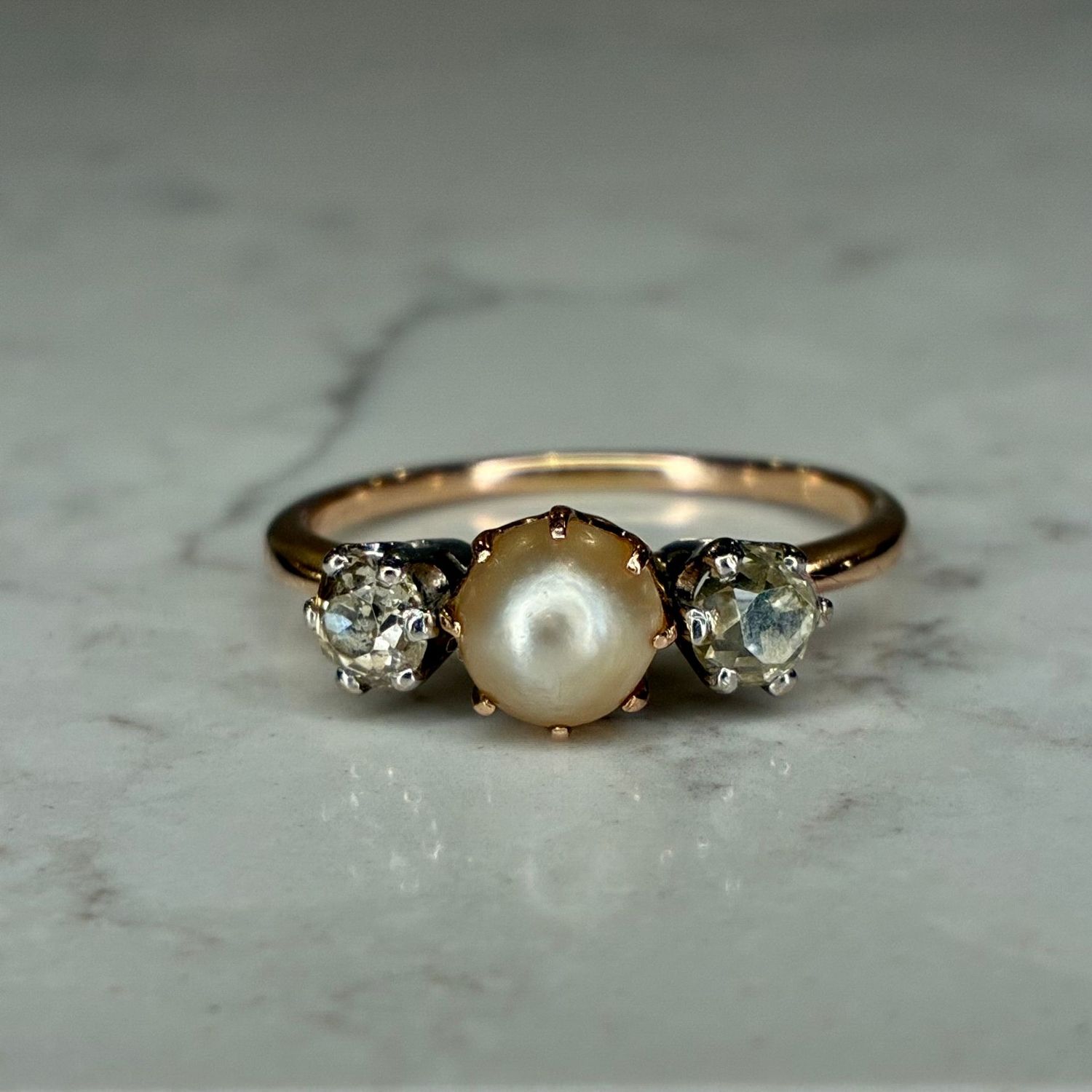 Edwardian 9ct rose gold pearl & diamond trilogy