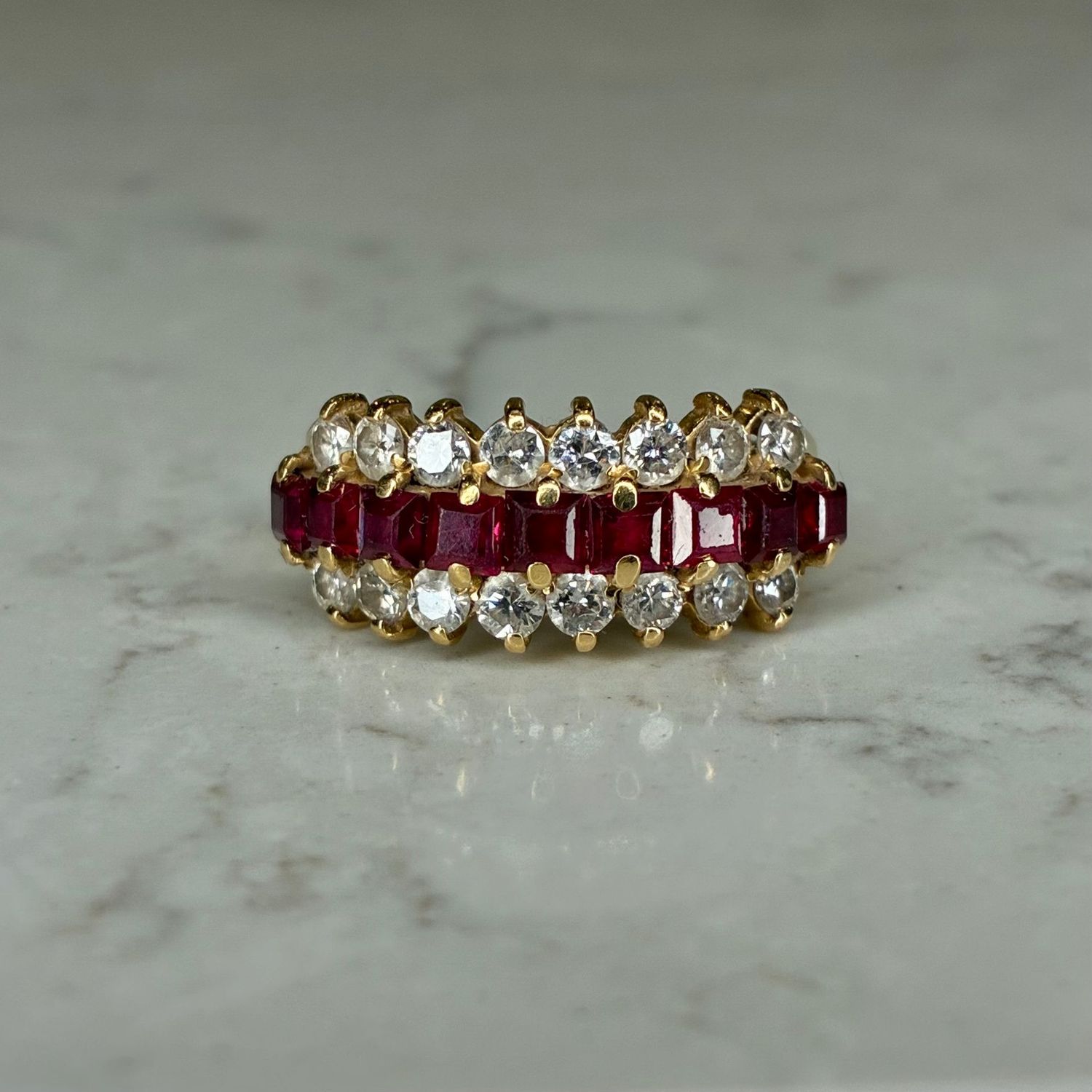 Vintage 18ct yellow gold ruby and diamond triple row ring