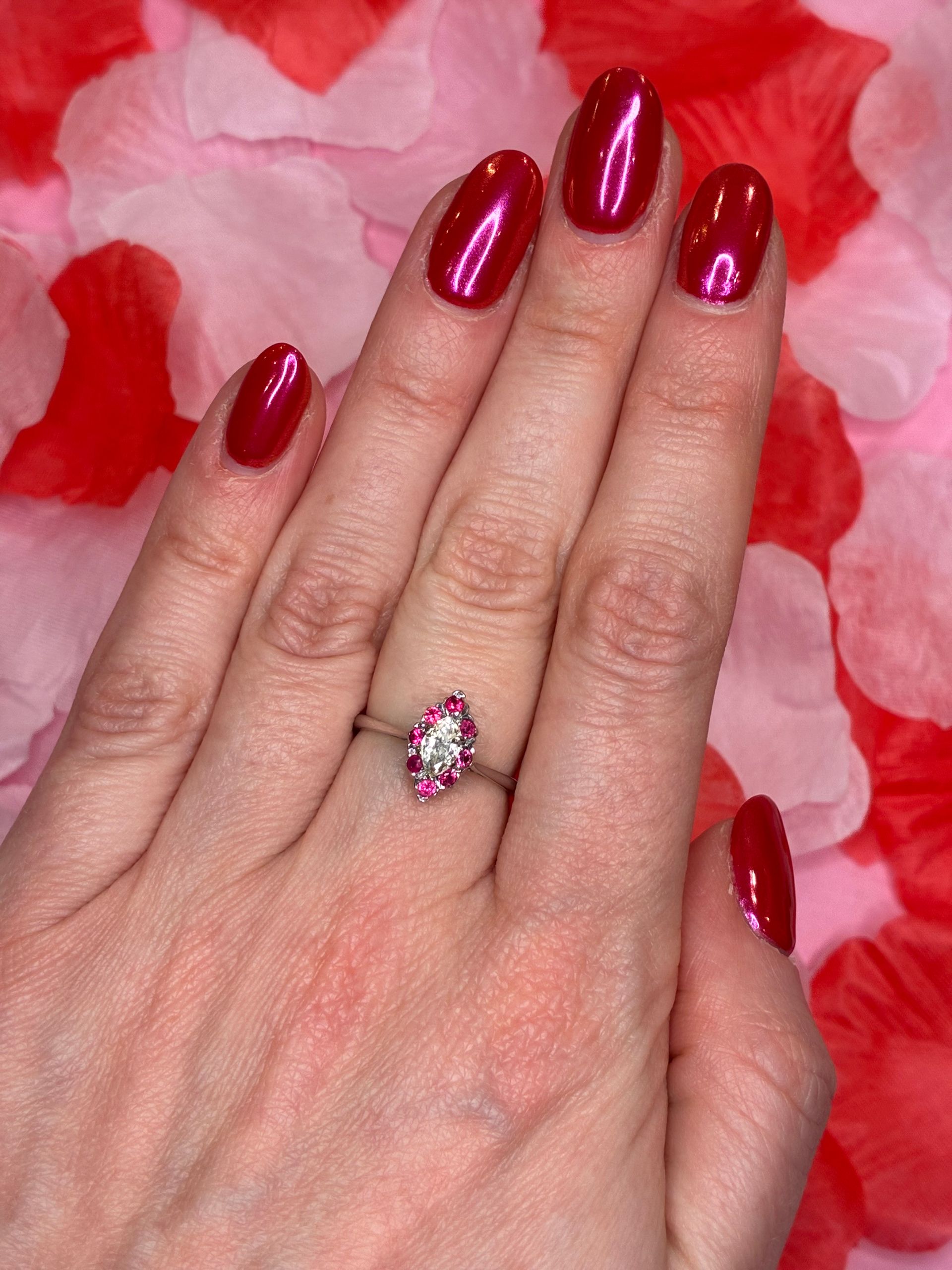 Vintage 18ct white gold marquise diamond & ruby ring