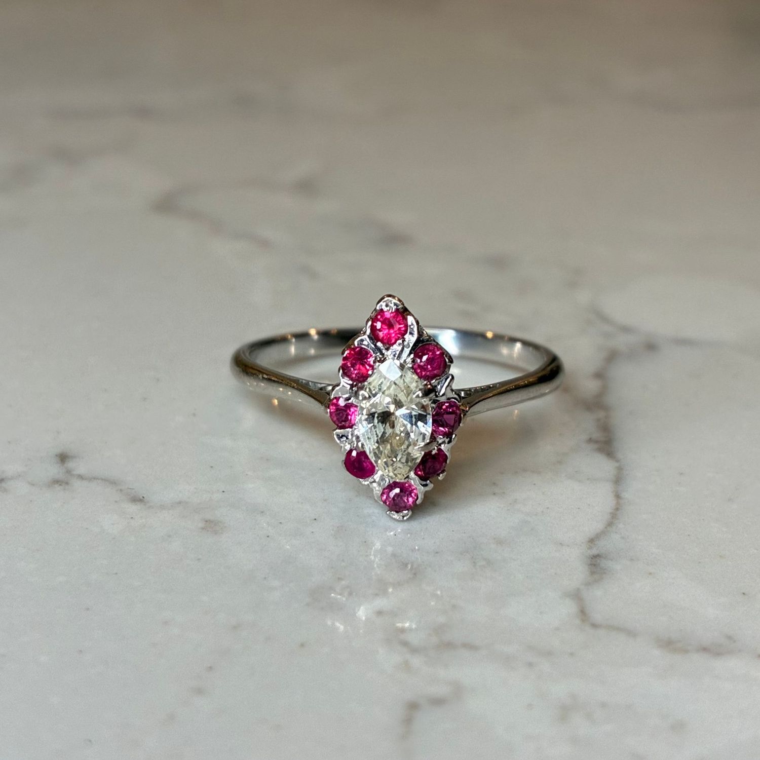Vintage 18ct white gold marquise diamond & ruby ring