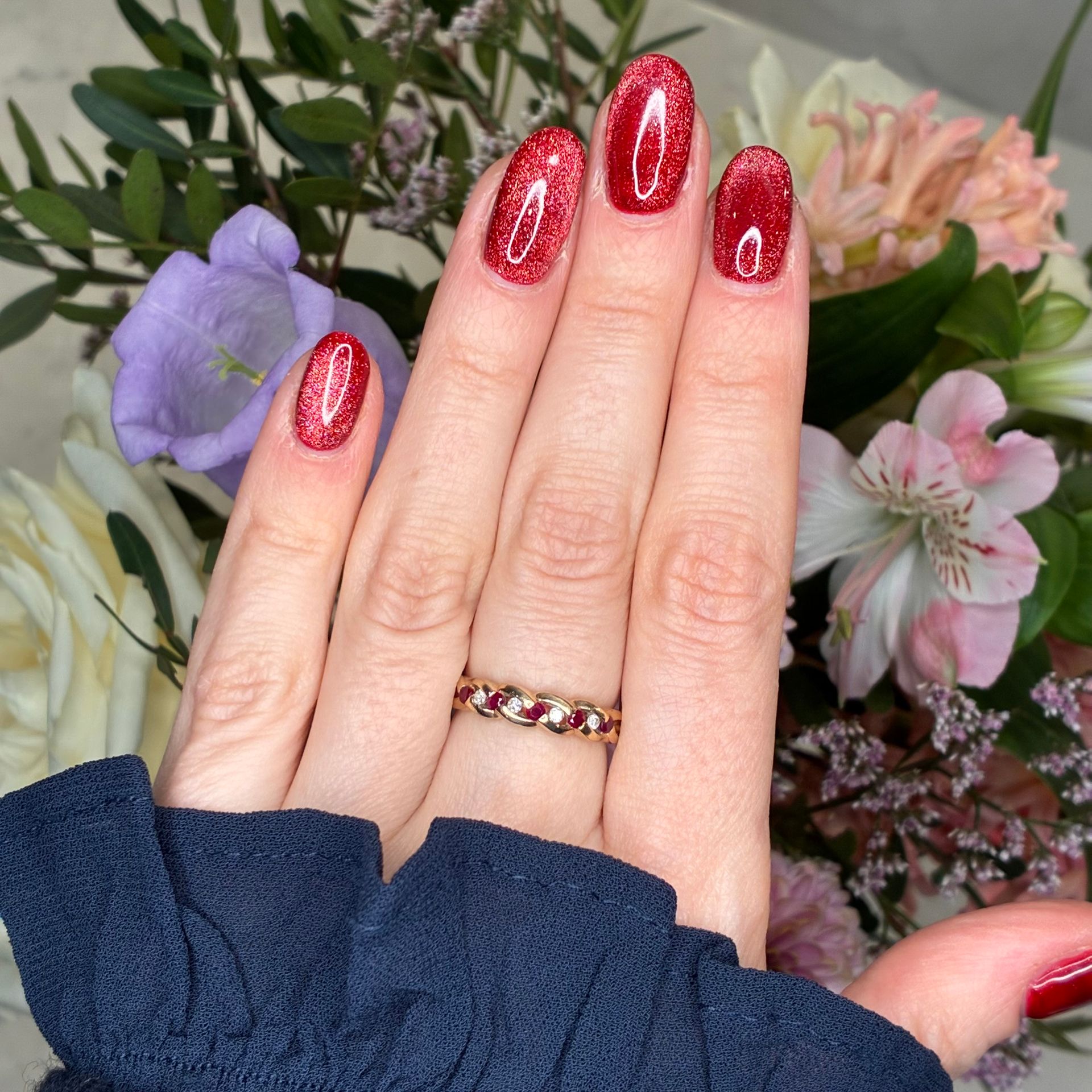 Vintage 9ct yellow gold ruby & diamond plaited ring