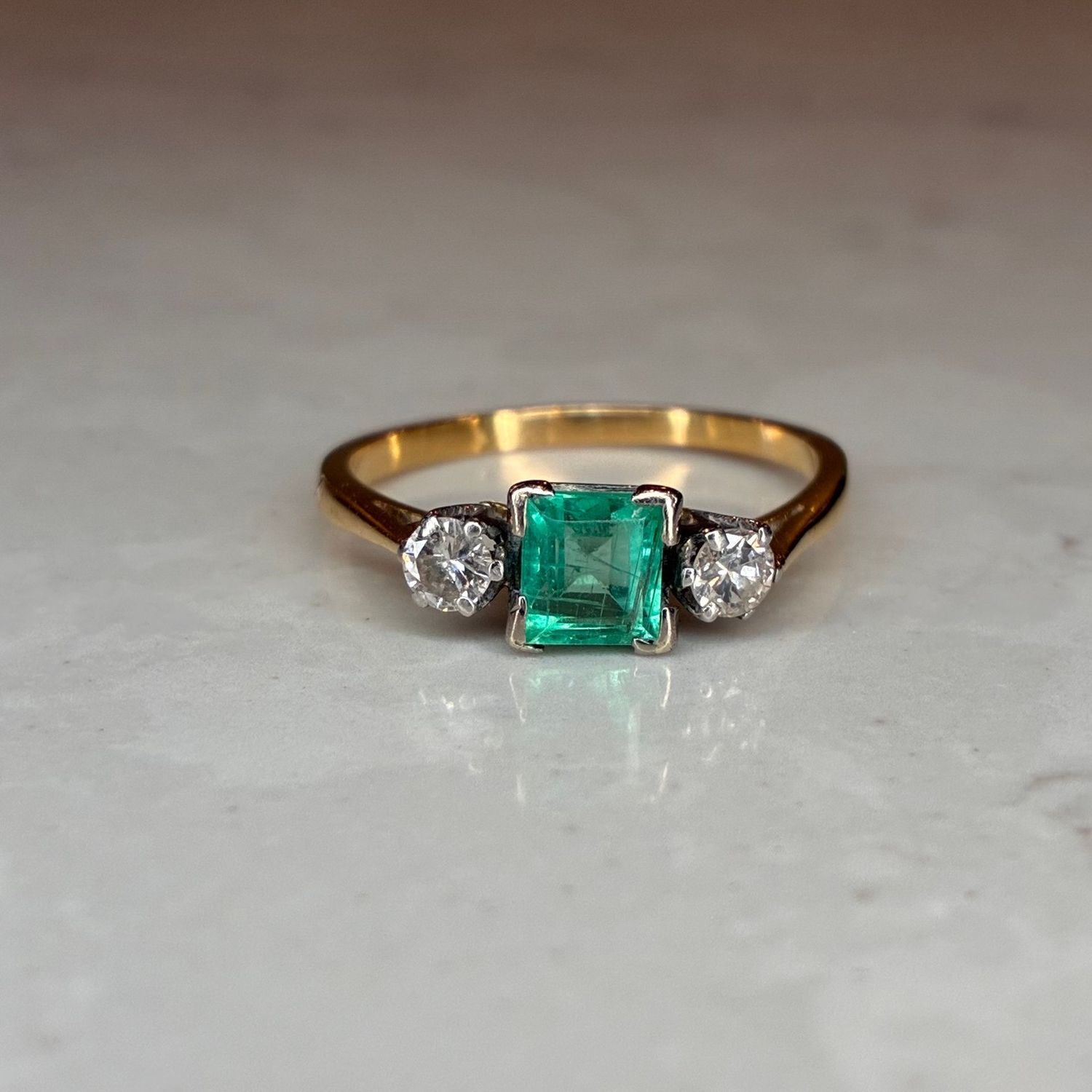 Antique 18ct yellow gold emerald & diamond trilogy ring Antique 18ct yellow gold emerald & diamond trilogy ring