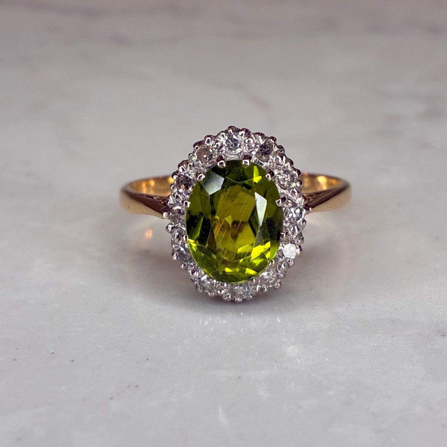 Vintage 18ct yellow gold peridot & diamond cluster Vintage 18ct yellow gold peridot & diamond cluster