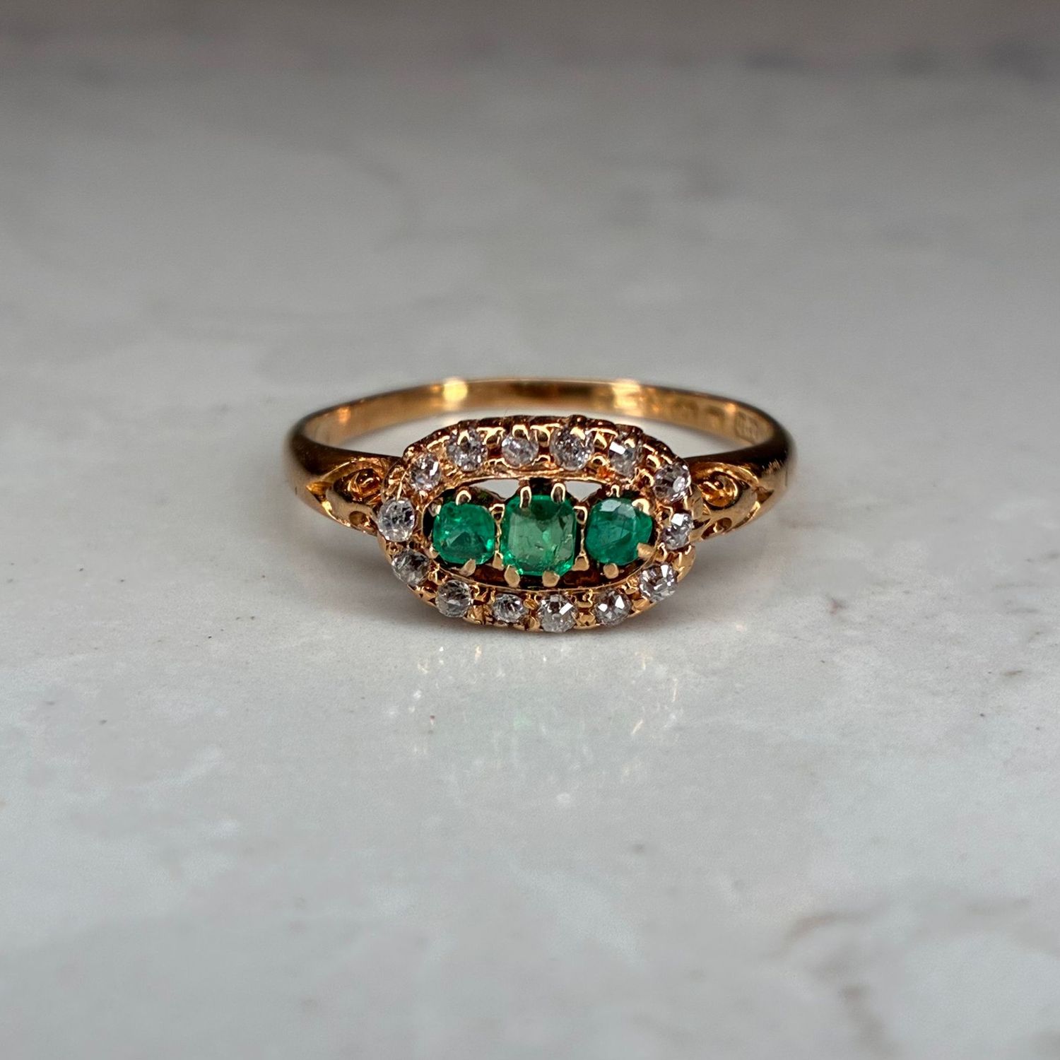 Antique 18ct yellow gold emerald & diamond boat ring