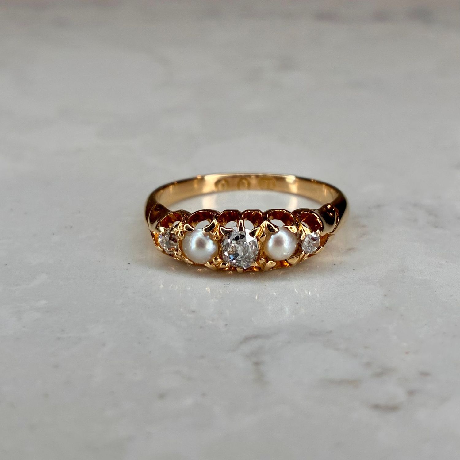 Edwardian 18ct yellow gold pearl & five stone diamond ring Edwardian 18ct yellow gold pearl & five stone diamond ring
