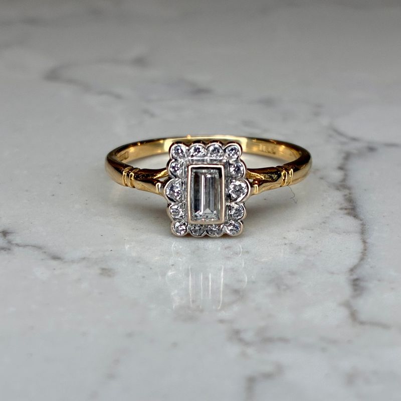 Vintage 18ct yellow gold baguette diamond cluster ring