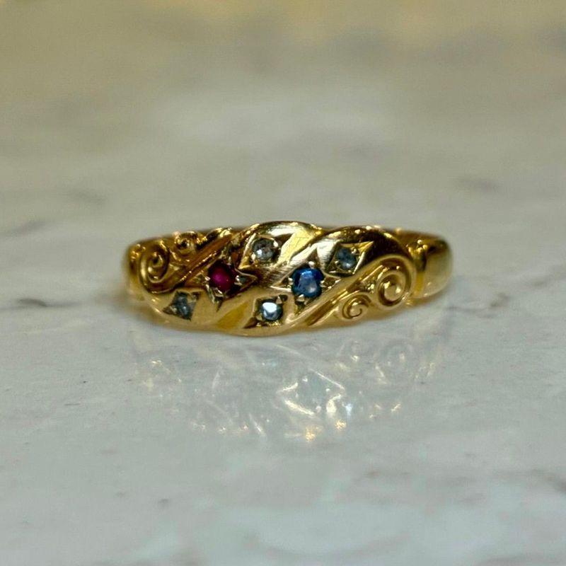 Antique 18ct yellow gold ruby, diamond and sapphire ring