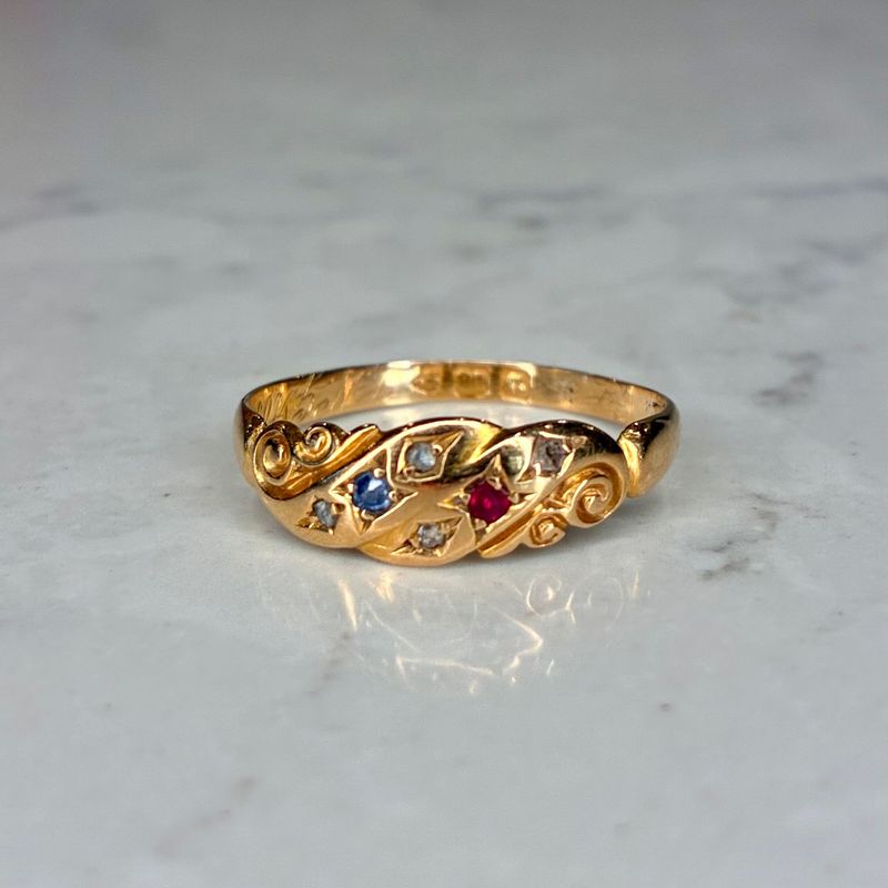 Antique 18ct yellow gold ruby, diamond and sapphire ring
