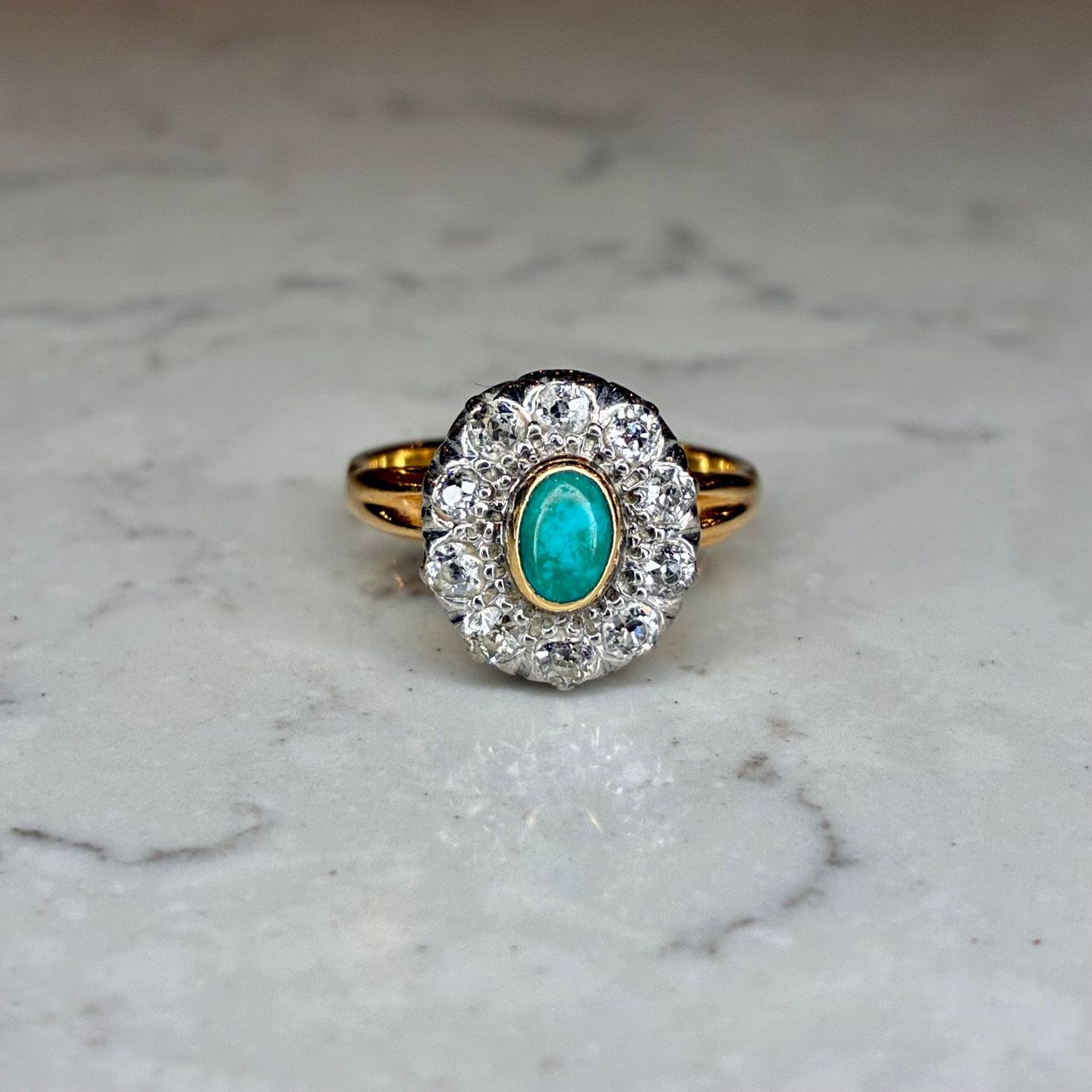 Vintage 18ct gold turquoise & diamond cluster ring