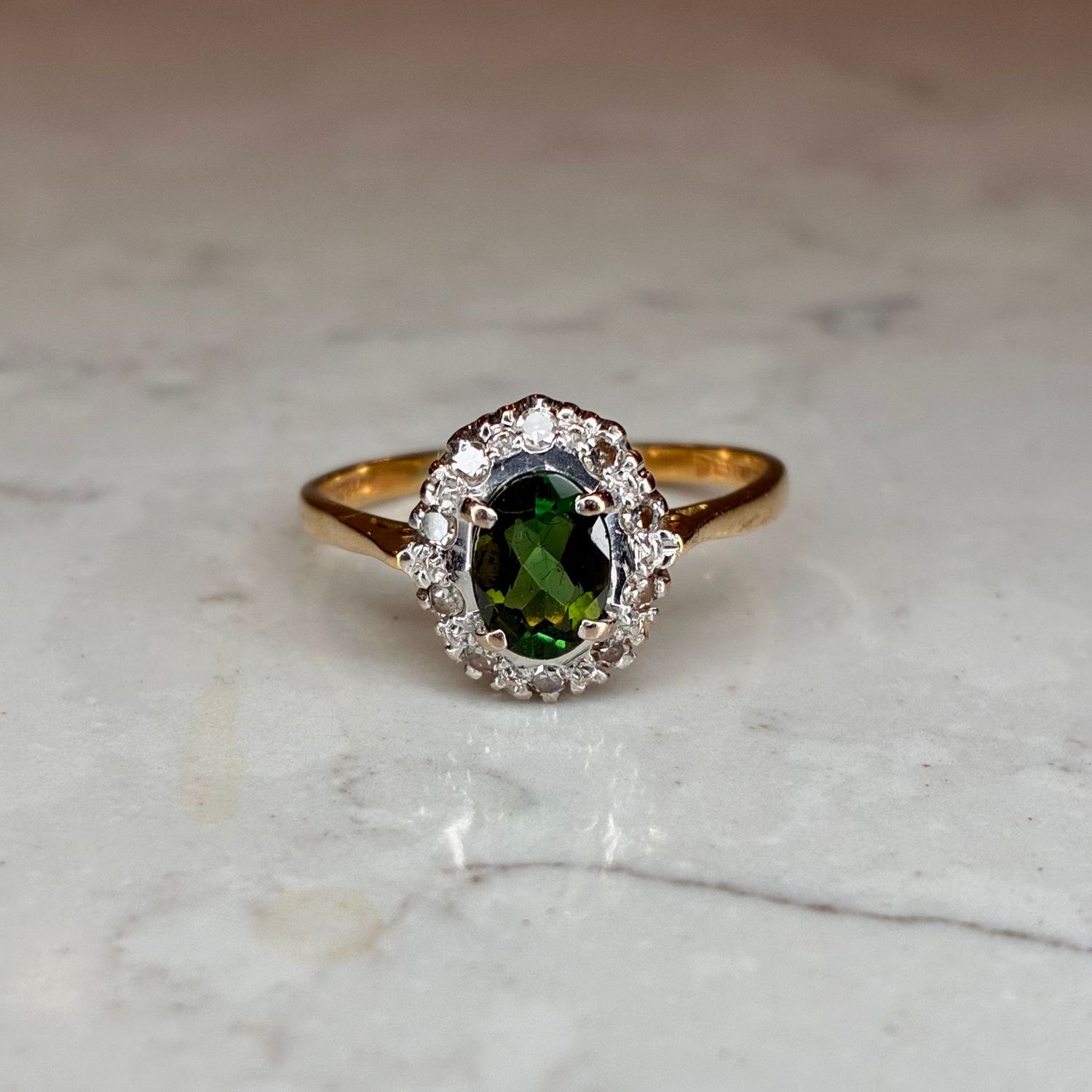 Vintage 18ct green tourmaline & diamond cluster ring