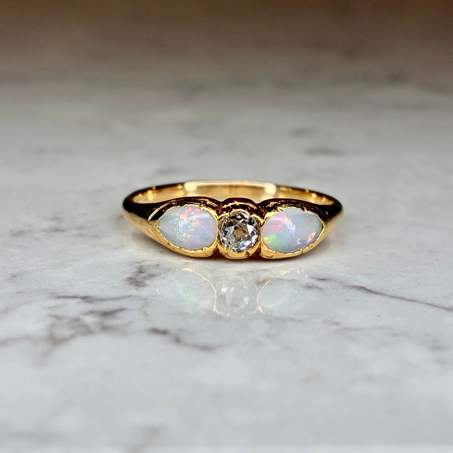 Antique 16ct yellow gold opal & diamond trilogy ring