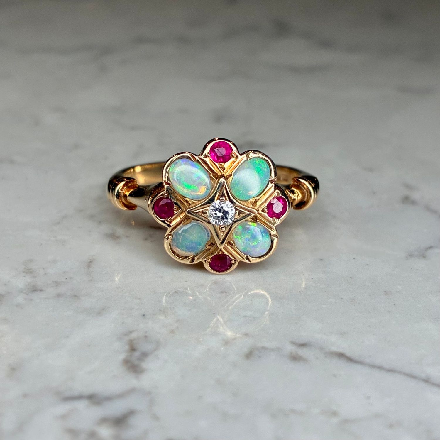 Vintage 9ct yellow gold opal, ruby & diamond ring