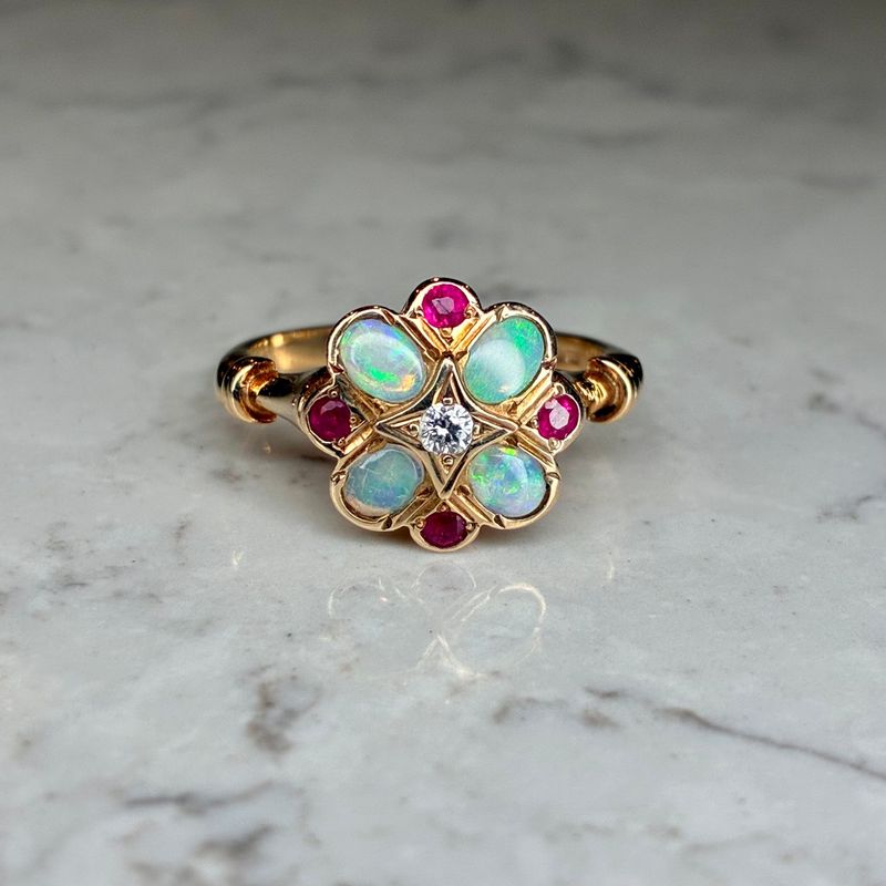 Vintage 9ct yellow gold opal, ruby & diamond ring