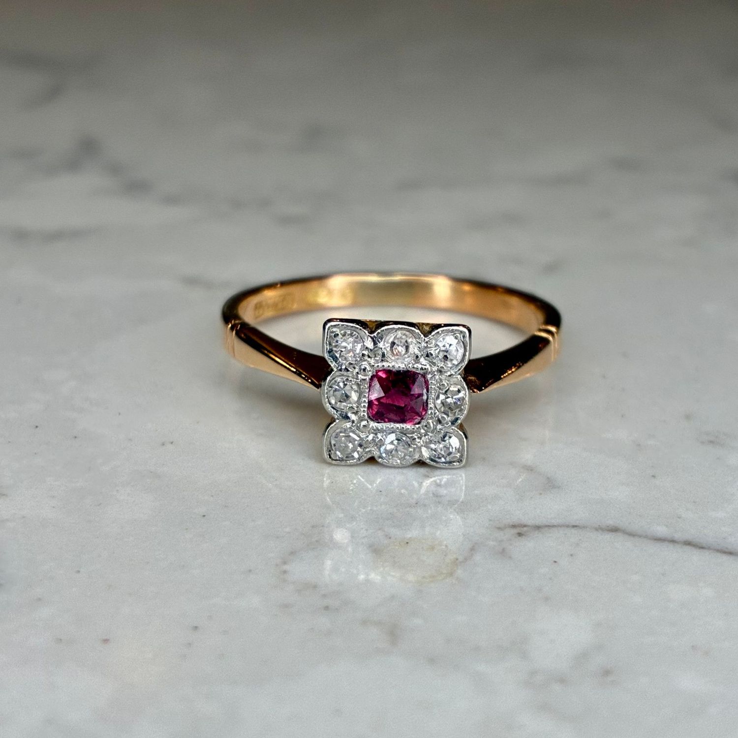 Edwardian 18ct gold & platinum square-set ruby & diamond ring