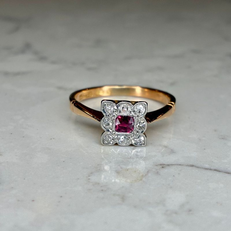 Edwardian 18ct gold & platinum square-set ruby & diamond ring