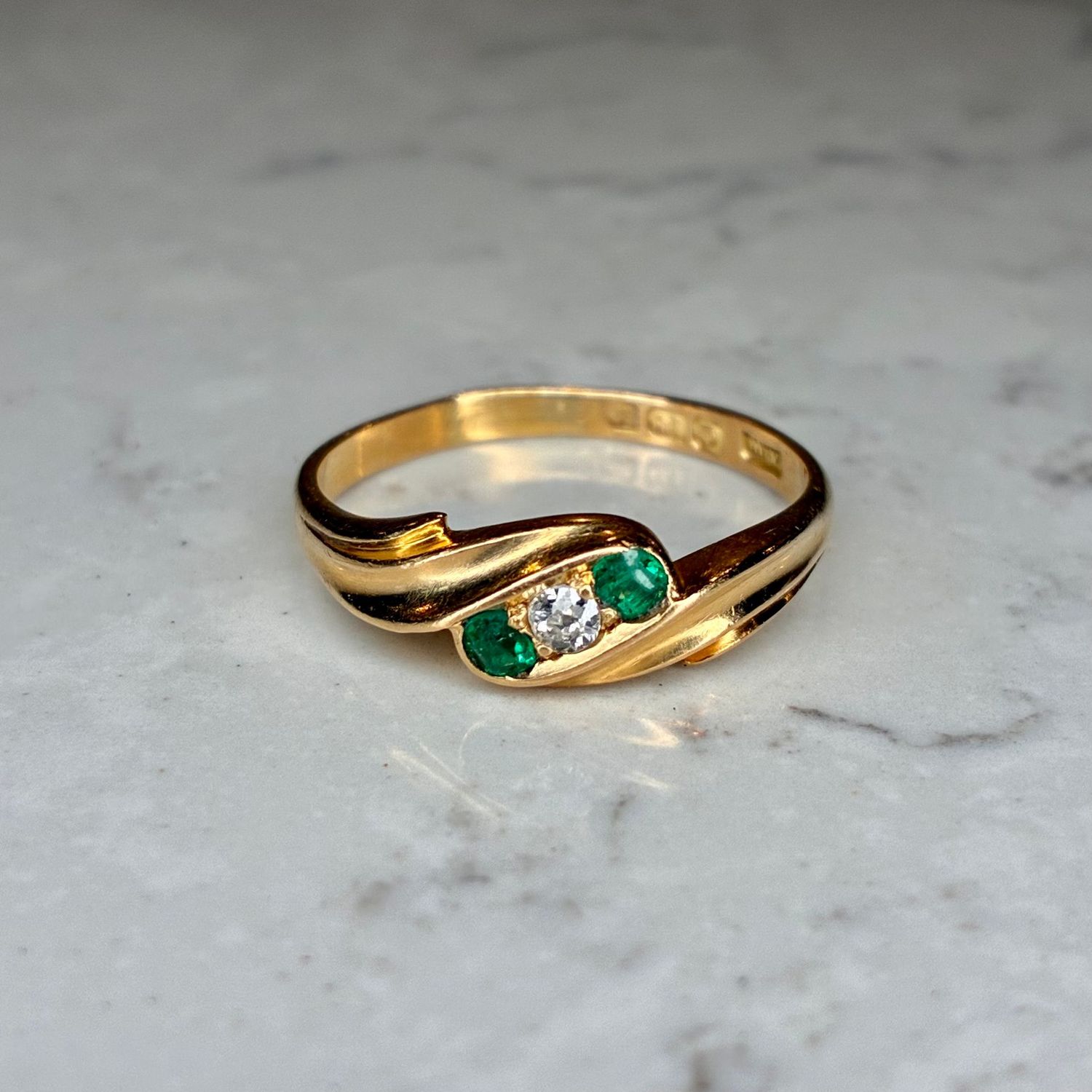 Edwardian 18ct yellow gold emerald & diamond gypsy ring