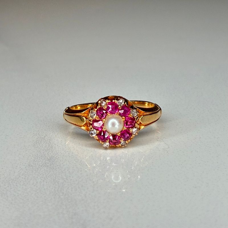 Antique 18ct gold pearl, ruby & diamond cluster ring