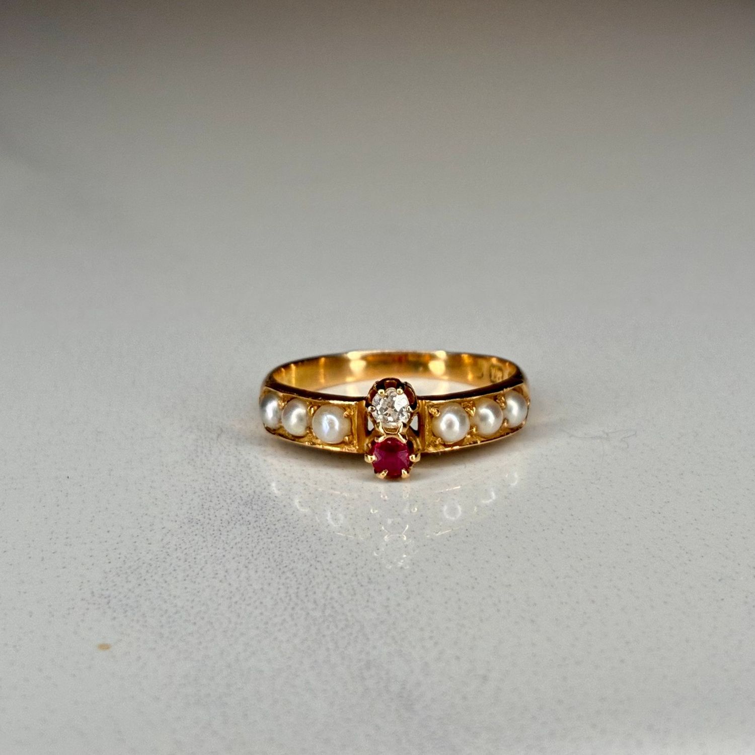 Antique Victorian 18ct gold pearl, ruby & diamond band Antique Victorian 18ct gold pearl, ruby & diamond band