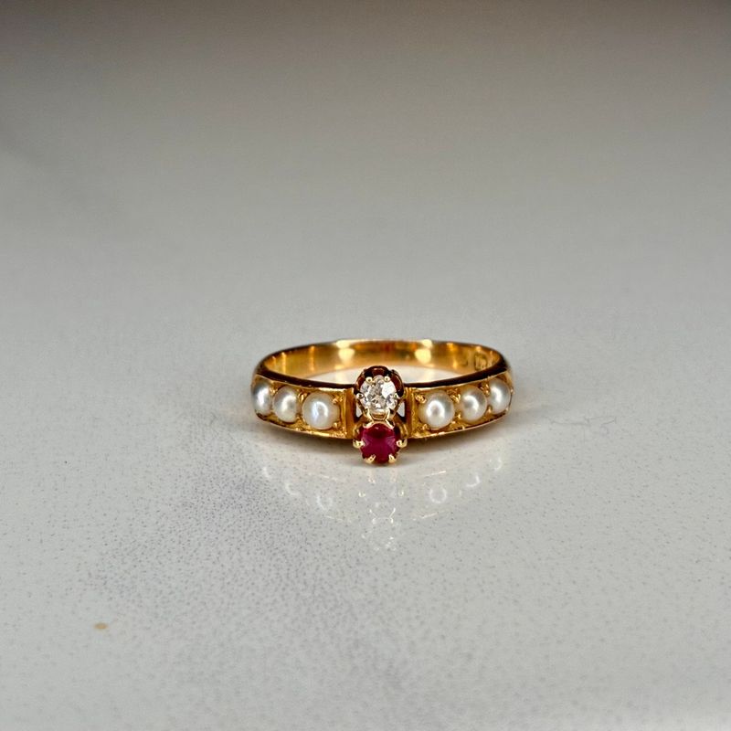 Antique Victorian 18ct gold pearl, ruby & diamond band