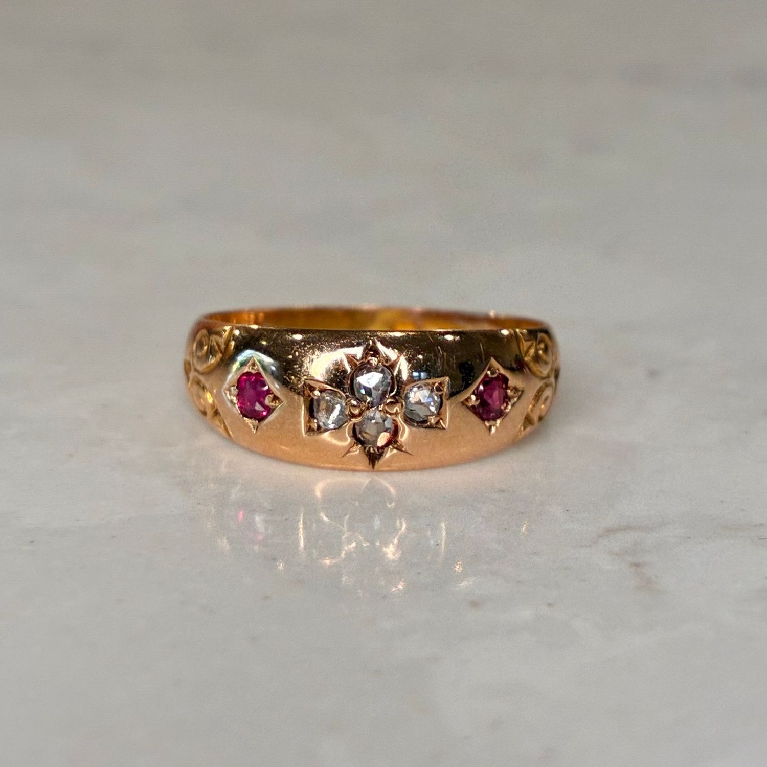 Victorian 15ct yellow gold rose-cut diamond & ruby gypsy ring Victorian 15ct yellow gold rose-cut diamond & ruby gypsy ring