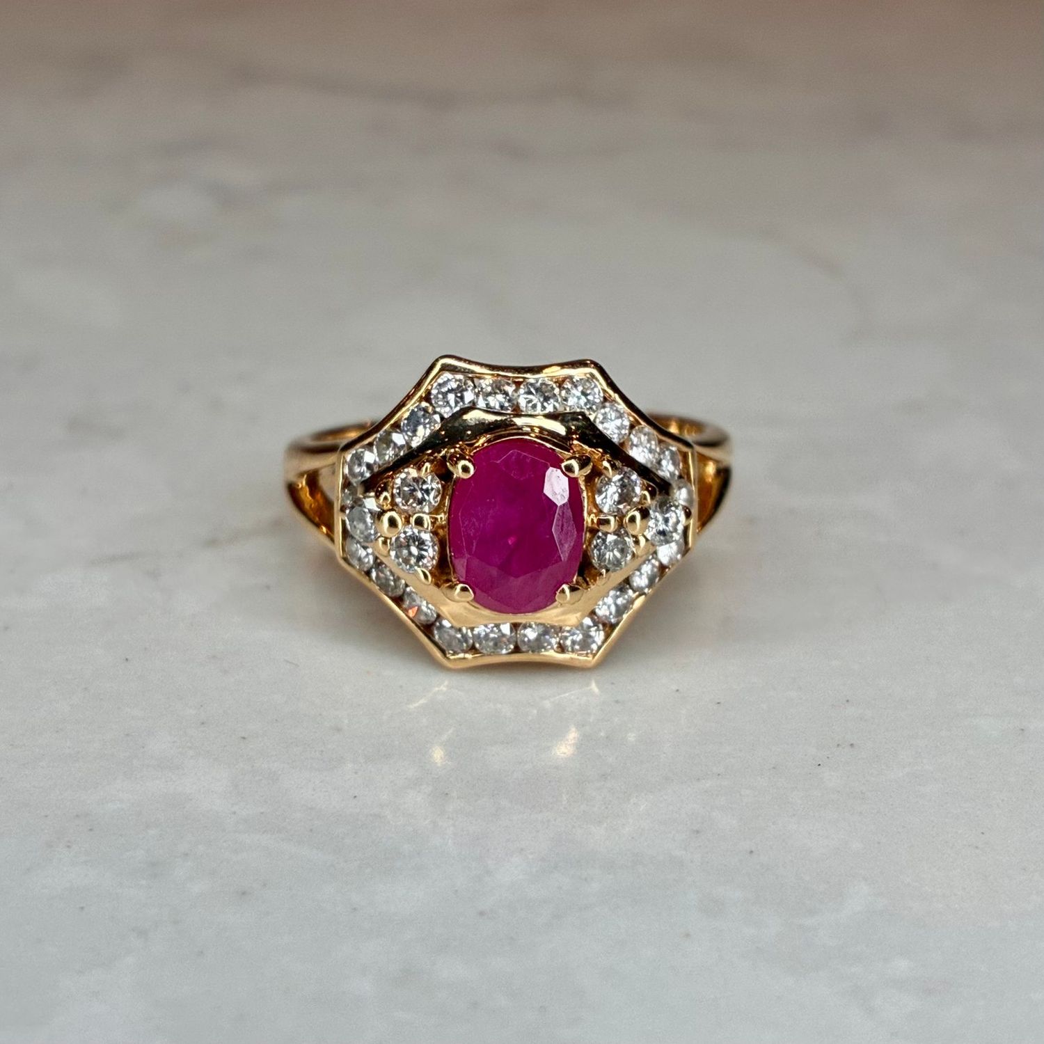 Vintage 18ct ruby and diamond geometric cluster ring Vintage 18ct ruby and diamond geometric cluster ring