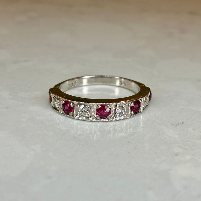 Vintage 9ct white gold ruby & diamond half-hoop ring