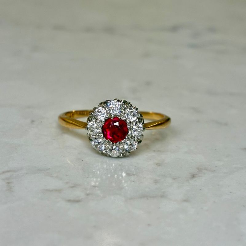 Antique 18ct yellow gold round ruby & diamond cluster ring