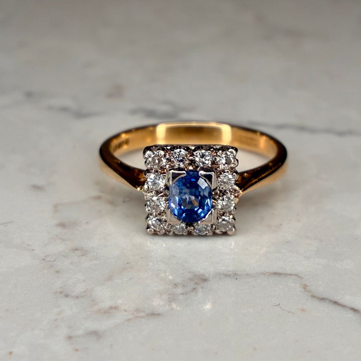 Vintage 18ct gold square sapphire & diamond cluster ring Vintage 18ct gold square sapphire & diamond cluster ring