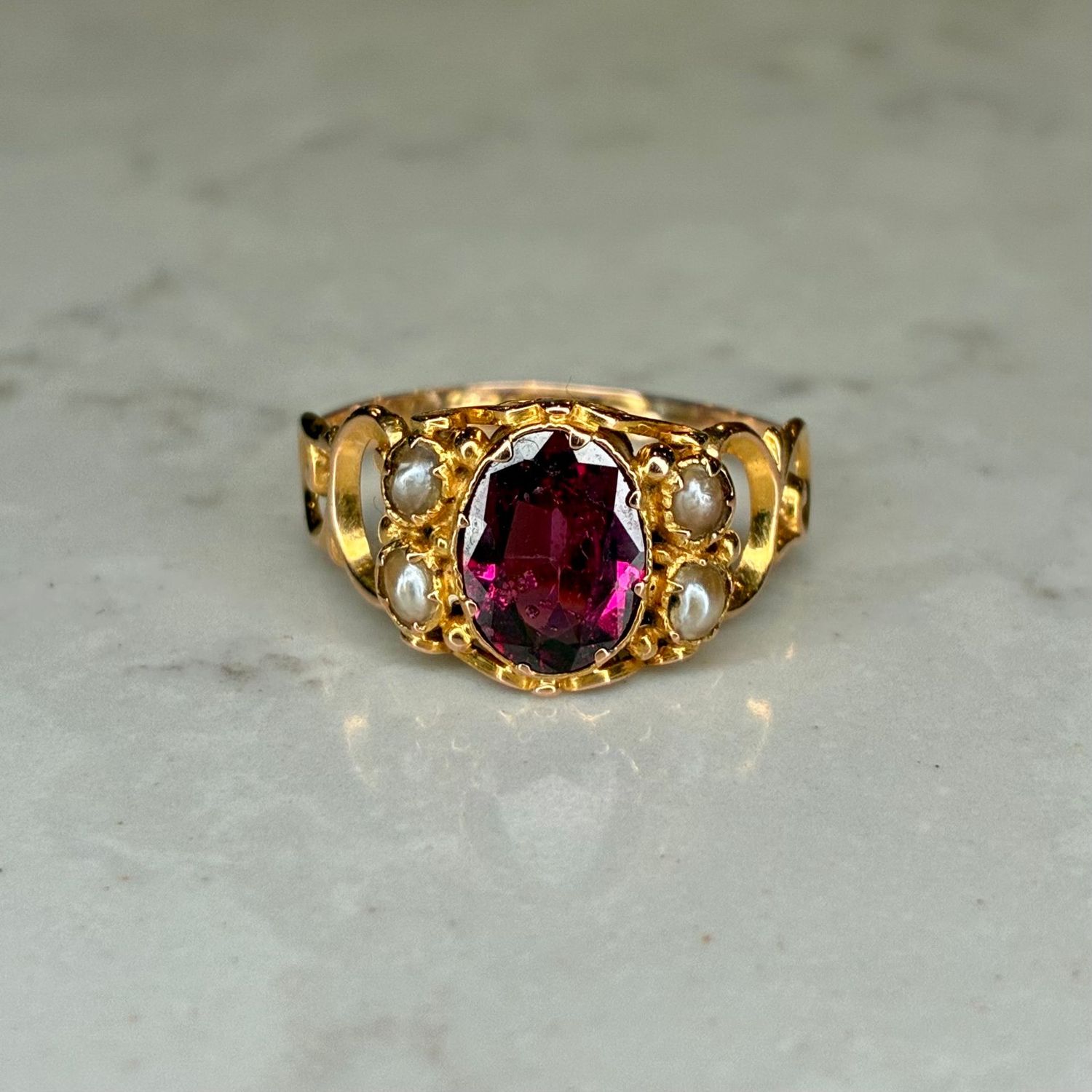 Antique 15ct yellow gold almandine garnet & split pearl ring Antique 15ct yellow gold almandine garnet & split pearl ring