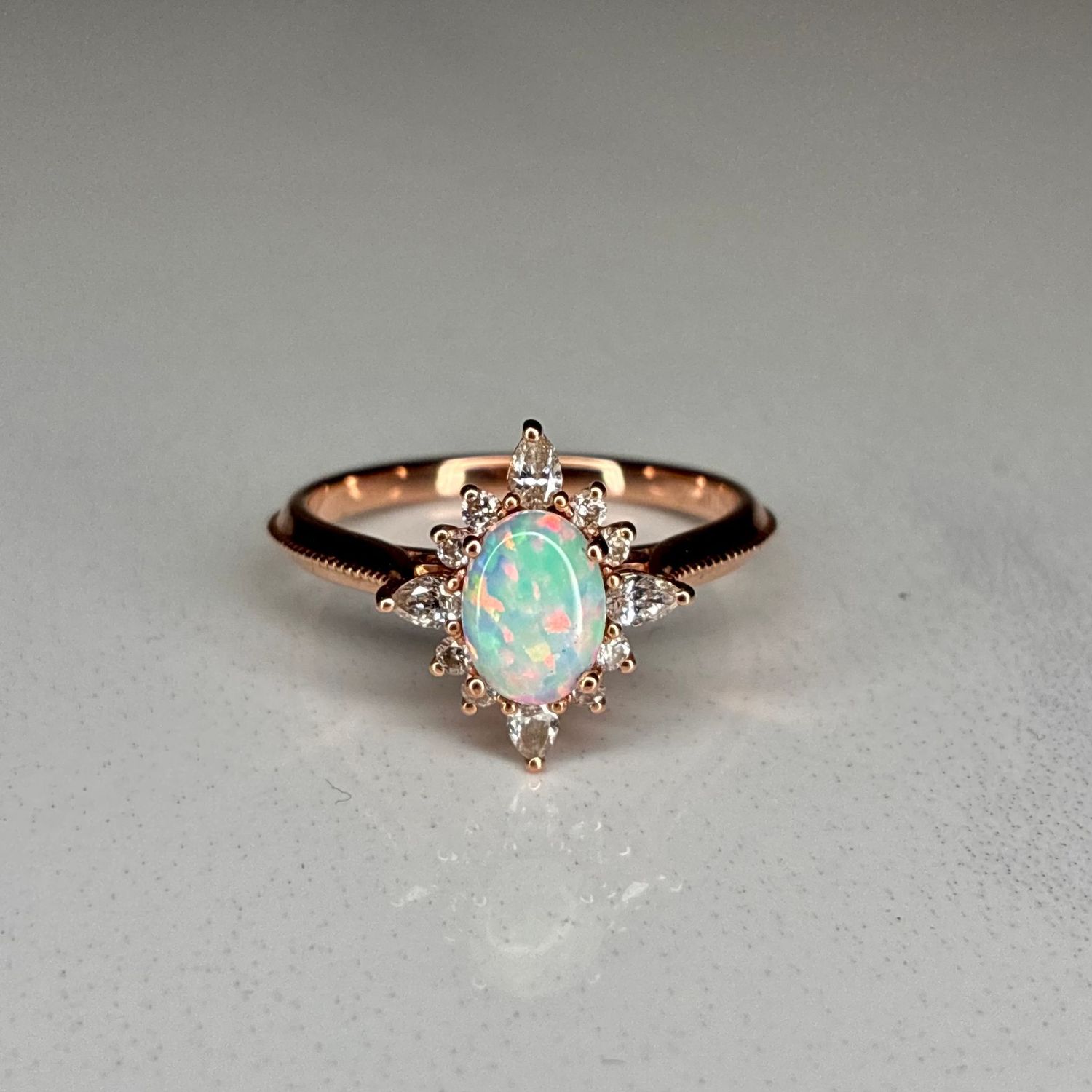 Vintage 14ct rose gold opal & diamond cluster ring