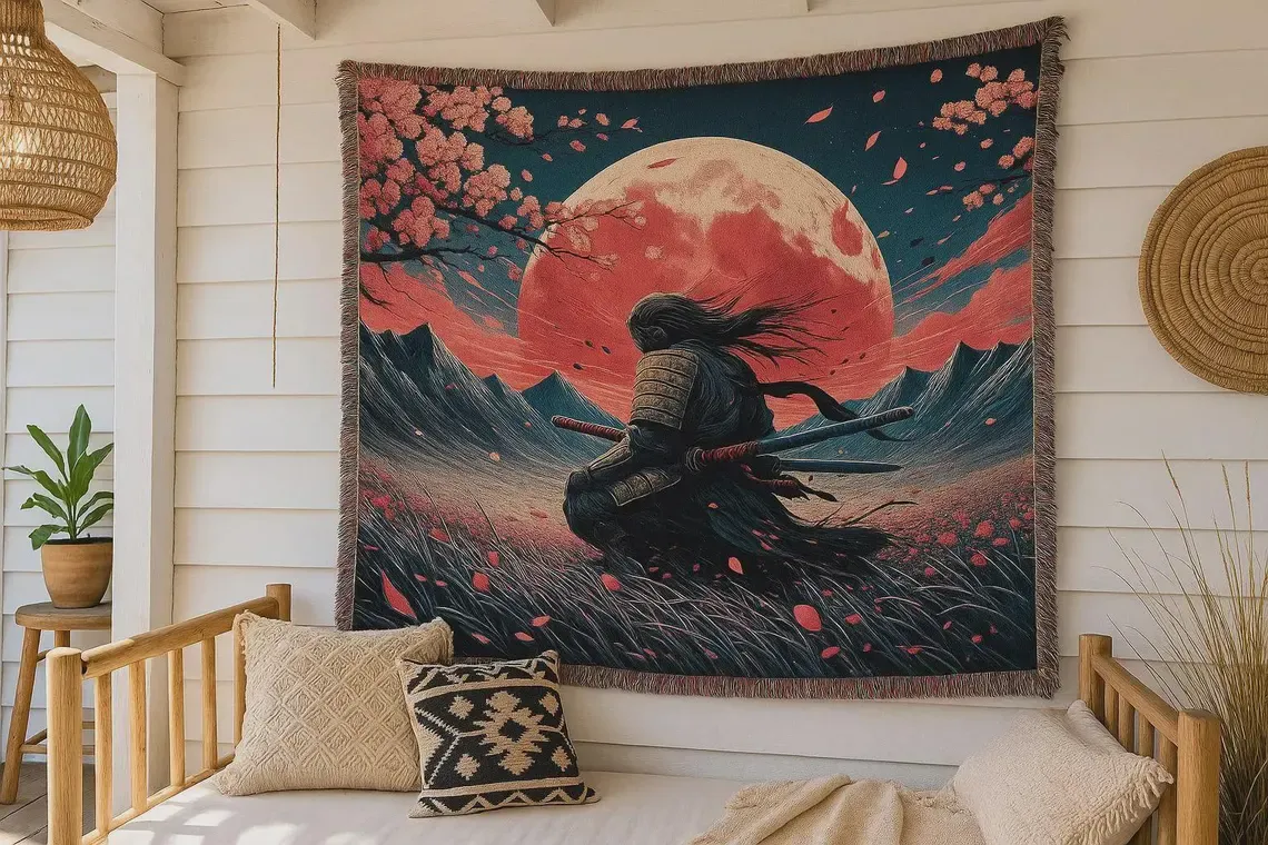 Samurai Warrior Woven Tapestry: Japanese Art Blanket, Boho Wall Hanging