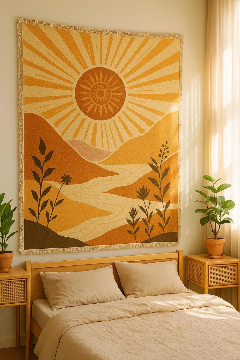 Boho Sun Tapestry • Woven Retro Mountain Blanket with Fringes