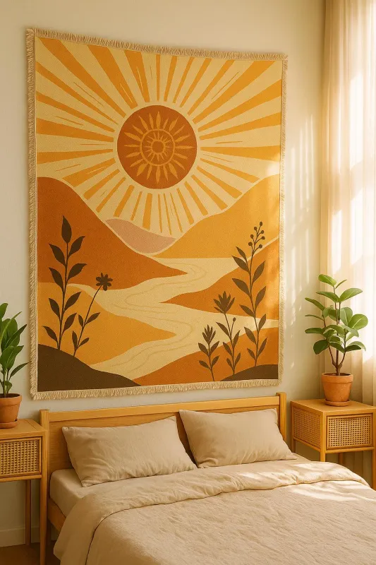Boho Sun Tapestry • Woven Retro Mountain Blanket with Fringes