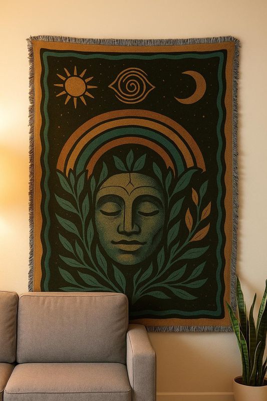 Boho Sun Moon Woven Tapestry – Earthy Fringed Wall Hanging