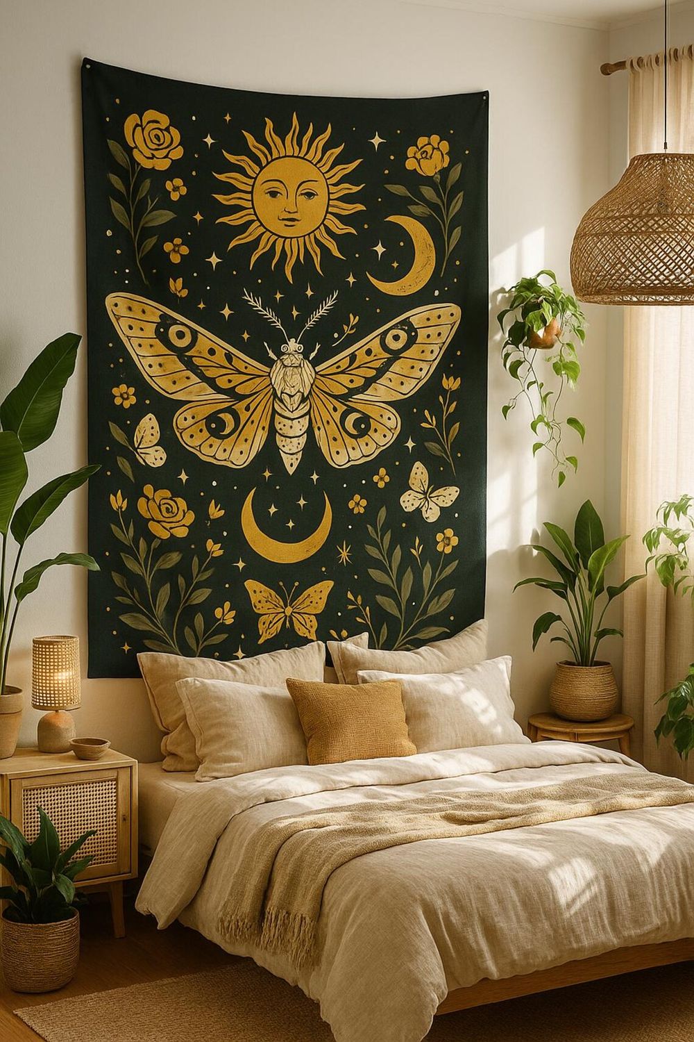Celestial Moth Tapestry – Boho Sun, Moon, Stars Wall Art