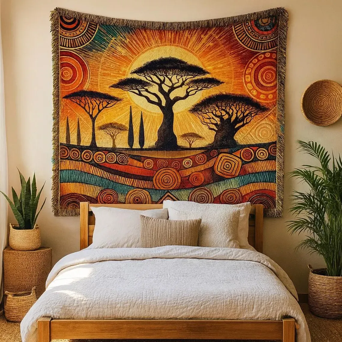 African Sunburst Tapestry: Boho Woven Wall Hanging with Fringes