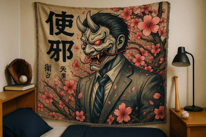 Japanese Oni Demon Woven Tapestry Blanket Dark Aesthetic Hannya Mask Wall Art