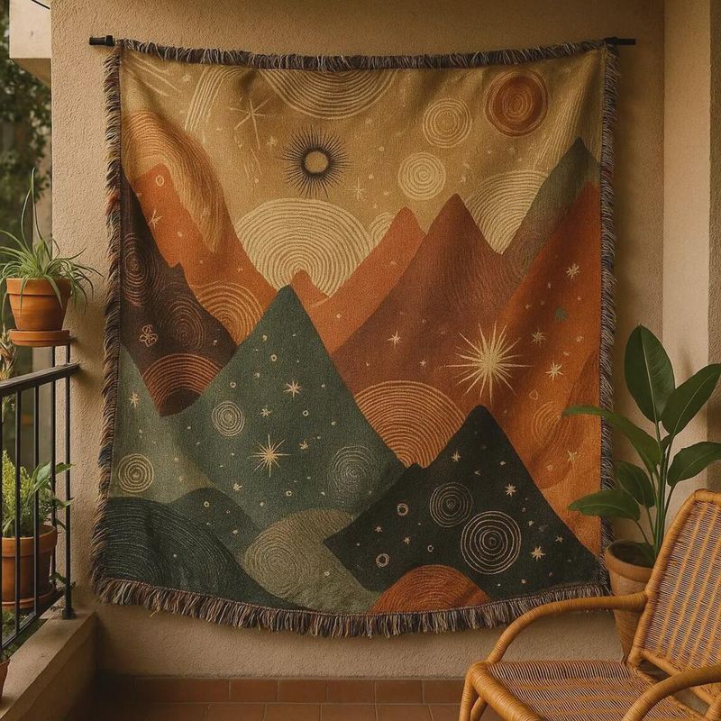 Celestial Mountain Woven Blanket: Boho Cosmic Tapestry Throw