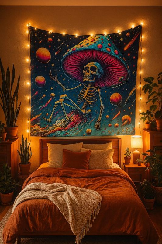 Psychedelic Skeleton Tapestry: Trippy Mushroom Space Wall Art