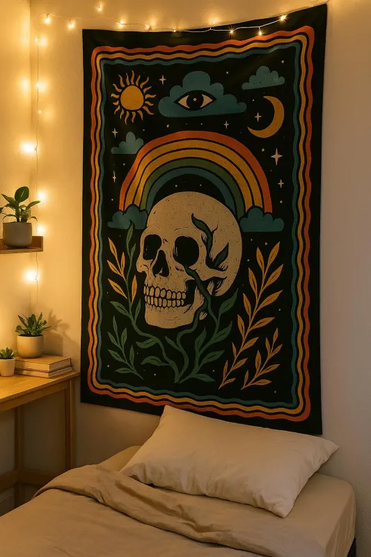 Boho Skull Rainbow Tapestry – Vintage Celestial Wall Hanging