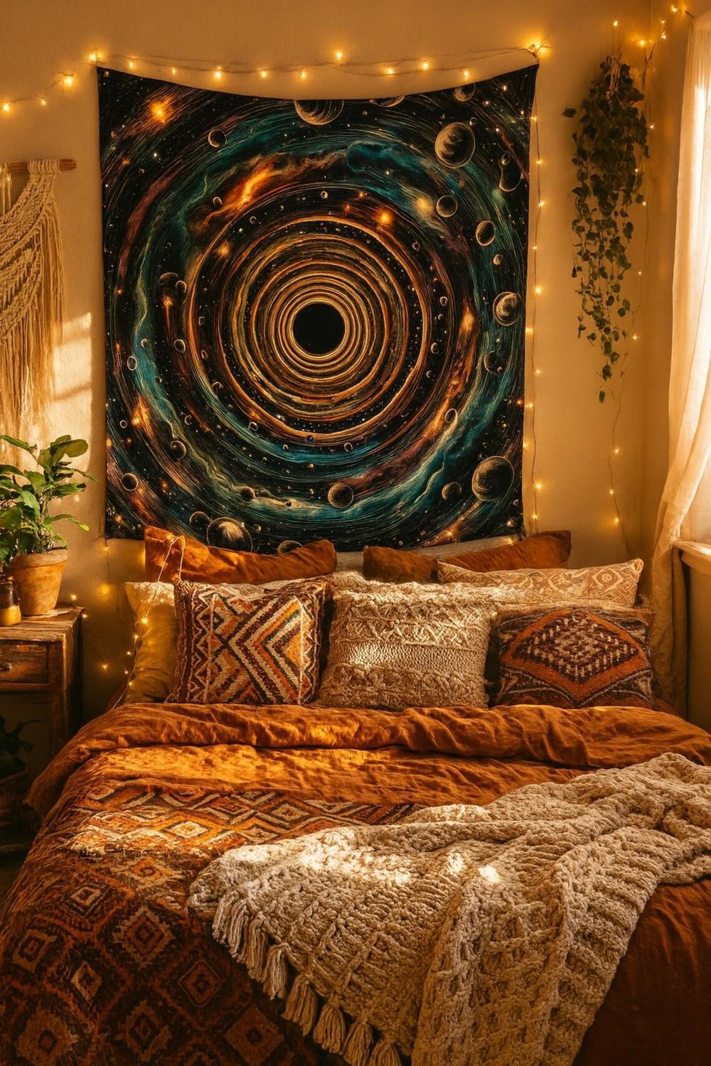 Cosmic Spiral Tapestry: Bohemian Galaxy Wall Art